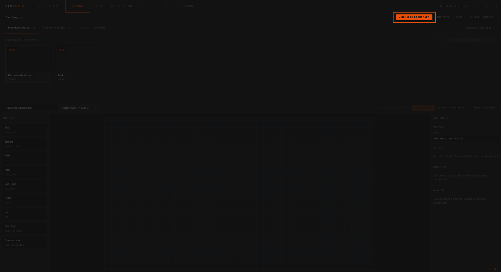 Dashboard home page with the new-dashboard button