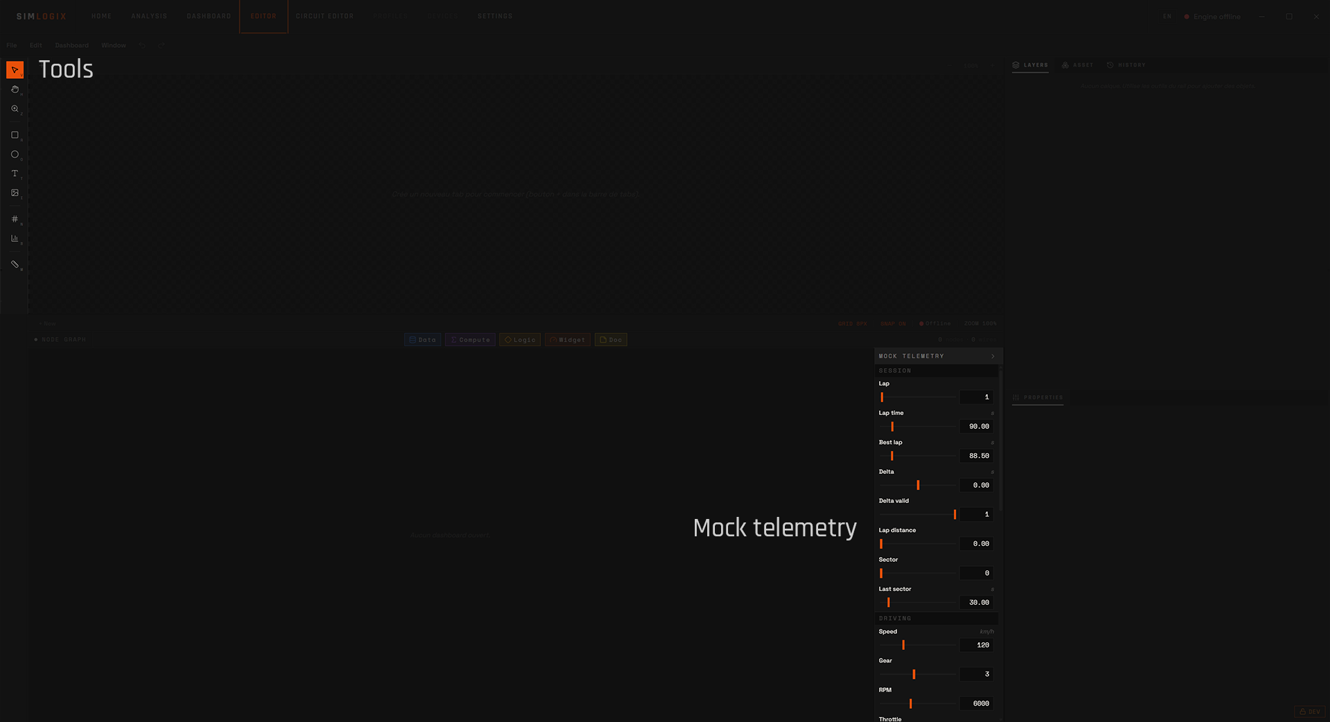 The Advanced Editor: tool rail, canvas over node graph, properties panel, mock-telemetry sliders, status bar