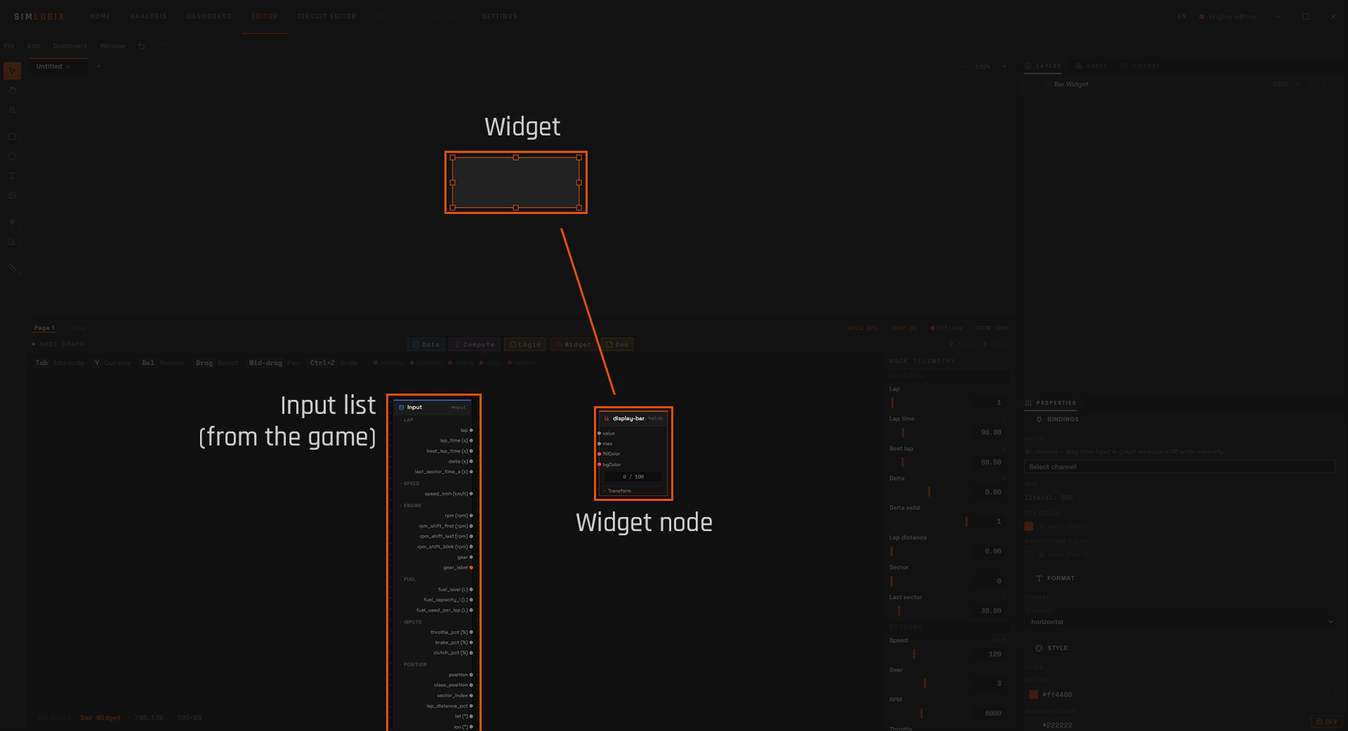 A bar widget drawn on the canvas, half-filled orange