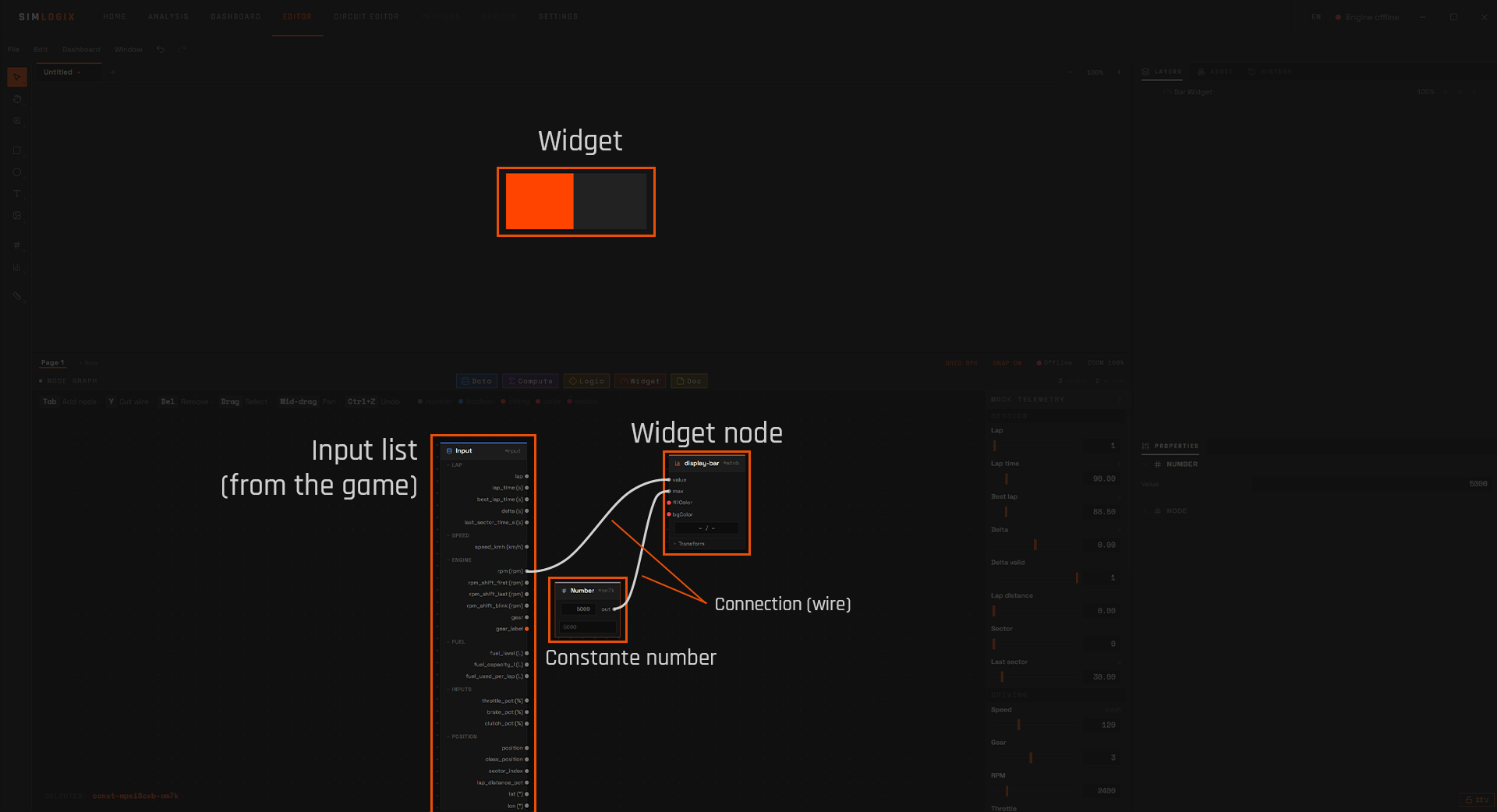 The graph: Input node wired to the bar's value, a Number constant wired to max