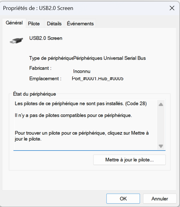 Device Manager — USB2.0 Screen properties: drivers not installed, code 28