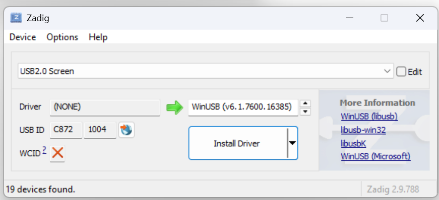 Zadig — USB2.0 Screen selected, USB ID C872 1004, driver (NONE)