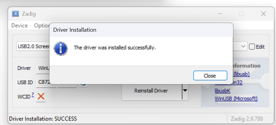 Zadig — Driver Installation: The driver was installed successfully