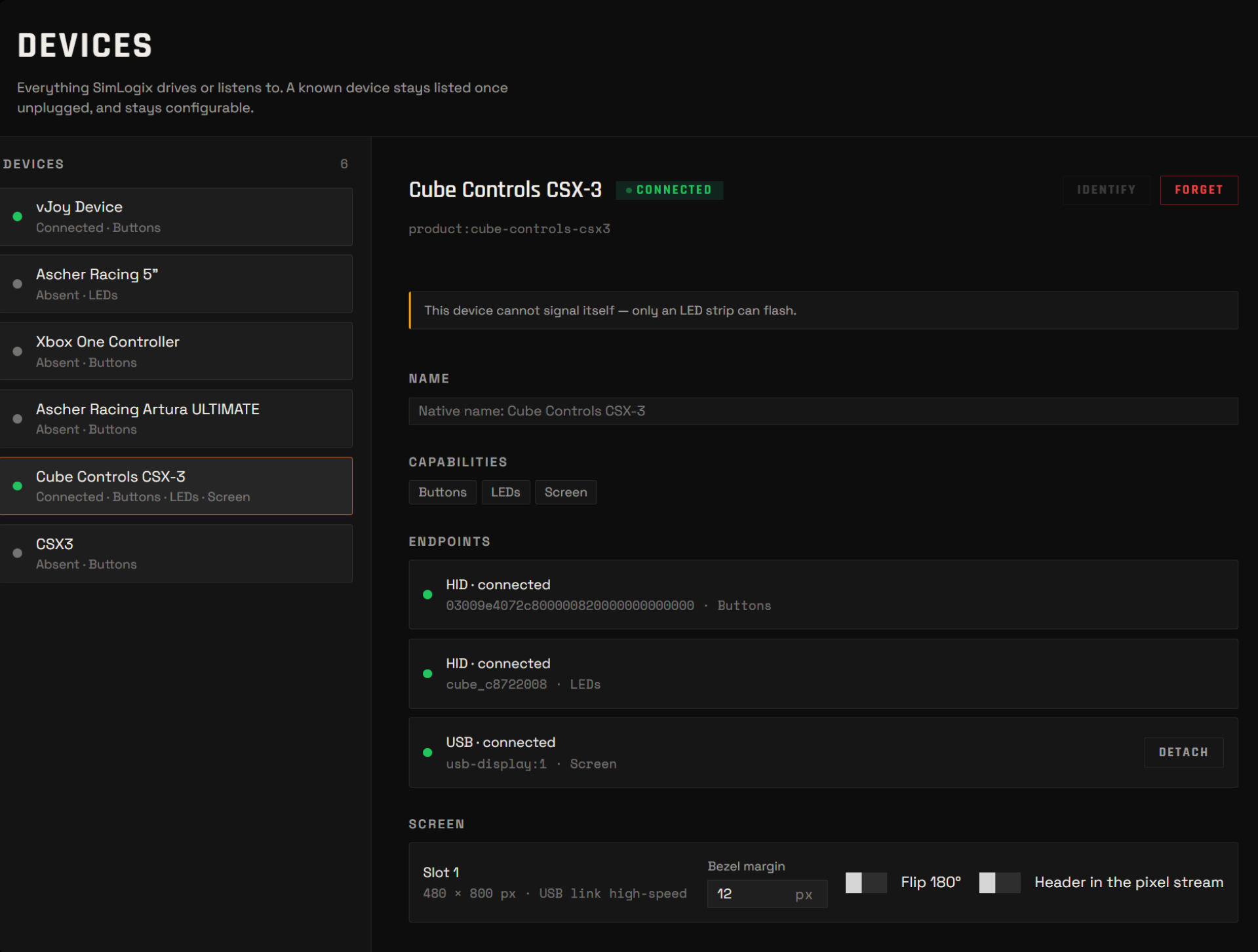 SimLogix Devices page — Cube Controls CSX-3 connected, its USB screen endpoint, 480 × 800 px, USB link high-speed